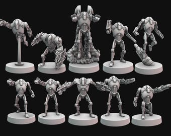 Peut inclure: Collection de figurines de table B2 Battle Droid. Les droïdes gris sont dans diverses poses, certains debout, certains avec des armes, et un émergeant d'un nuage de fumée. Le texte "B2 BATTLE DROID COLLECTION" et "TABLETOP MINIATURES - LICENSED FROM GALACTIC ARMOREY" sont affichés.