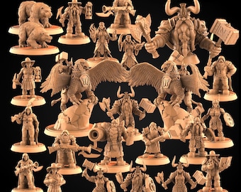 May include: A selection of beige miniature figurines, including dwarves, bears, and winged creatures. The figurines are posed in various action stances, holding weapons and tools. The text "DUN MOROGH DWARVES COLLECTION" is at the top.
