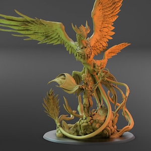 Può includere: Una scultura dettagliata di una figura alata con le braccia tese, su una base rocciosa. La figura presenta dettagli intricati, tra cui piume, una corona e abiti fluenti. La tavolozza dei colori è un mix di verdi e arancioni, con uno sfondo grigio scuro.