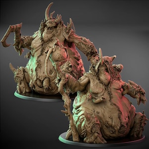 May include: Two beige fantasy miniatures of grotesque, horned creatures. One figure holds a curved blade, the other a staff. Both are posed on round, dark bases, with a green and red gradient lighting.
