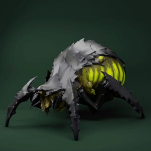Puede incluir: Criatura renderizada en 3D con un cuerpo segmentado y múltiples patas. La criatura tiene un exoesqueleto gris oscuro y puntiagudo y un abdomen a rayas amarillas y verdes. El fondo es de color verde oscuro sólido.