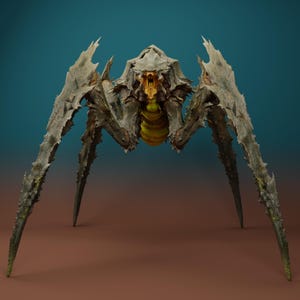 Puede incluir: Representación 3D detallada de una criatura monstruosa con forma de insecto. Tiene un exoesqueleto gris con bordes afilados y dentados, largas patas puntiagudas y un abdomen amarillo. El fondo es un degradado de marrón y verde azulado.