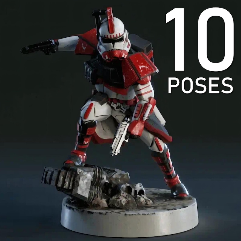 Op de afbeelding: Gedetailleerd beeldje van een soldaat in een rood en wit harnas, met twee blasters. Het beeldje staat op een grijze basis met de tekst "10 POSES" in het wit.
