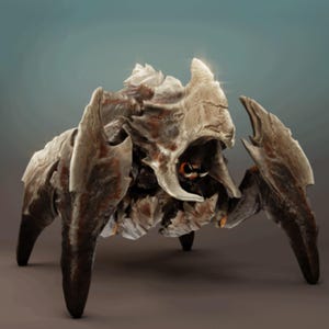 Puede incluir: Representación digital detallada de una criatura con apariencia esquelética e insectoide. La criatura tiene una combinación de colores marrón claro y marrón oscuro, con rasgos afilados y puntiagudos y múltiples patas. El diseño general sugiere un tema de fantasía o ciencia ficción.