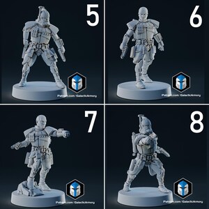 Op de afbeelding: Vier grijze actiefiguren van een futuristische soldaat in verschillende poses. Elke figuur staat op een cirkelvormige basis. De figuren zijn genummerd 5, 6, 7 en 8. De tekst "Patreon.com/GalacticArmory" is zichtbaar op elke basis.