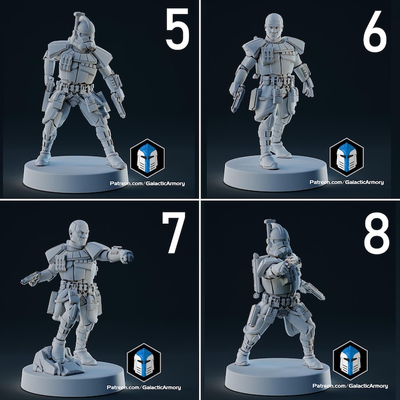 Op de afbeelding: Vier grijze actiefiguren van een futuristische soldaat in verschillende poses. Elke figuur staat op een cirkelvormige basis. De figuren zijn genummerd 5, 6, 7 en 8. De tekst "Patreon.com/GalacticArmory" is zichtbaar op elke basis.