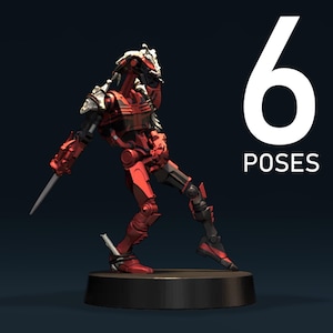 May include: A red and black robot figure with a silver blade, posed on a black base. The figure is in a dynamic stance, with the text "6 POSES" in white on the right side, indicating multiple pose options.