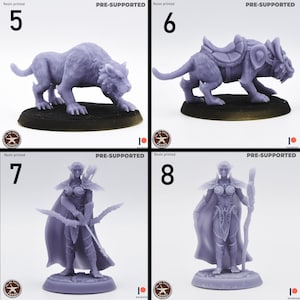 May include: Four 3D printed miniatures, two of which are pre-supported. The miniatures are a wolf, a wolf with a saddle, a female elf with a bow and arrow, and a female elf with a staff. The miniatures are all painted in a light purple color.