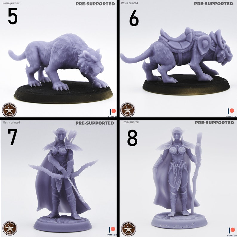 May include: Four 3D printed miniatures, two of which are pre-supported. The miniatures are a wolf, a wolf with a saddle, a female elf with a bow and arrow, and a female elf with a staff. The miniatures are all painted in a light purple color.