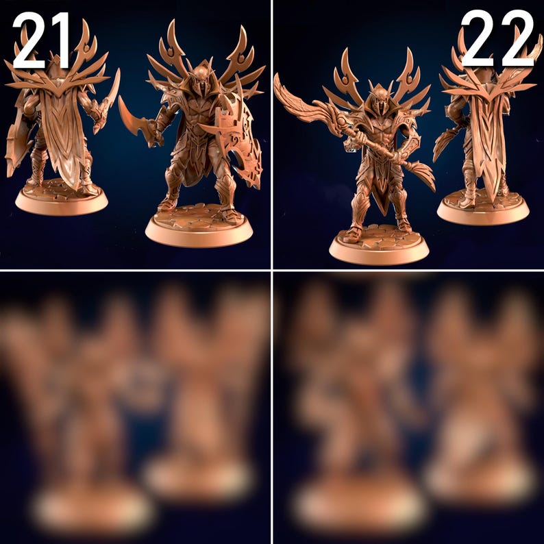 May include: Four brown miniature figurines of armored warriors with wings and weapons. Each figure is on a circular base. The numbers "21" and "22" are visible in the top corners. The figures are in various action poses, holding swords and shields.