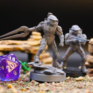 Puede incluir: Dos figuras en miniatura grises de soldados blindados, una con una gran cuchilla y la otra con un rifle. Un dado morado de veinte caras está en primer plano, lo que sugiere un tema de juego de mesa.