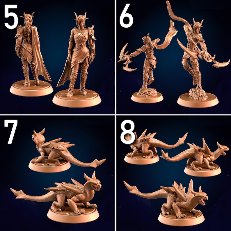 May include: A collection of detailed miniature figurines. The figurines include two female warrior figures with armor and capes, and two dragon figures. The figures are brown and stand on round bases. The background is a dark blue.