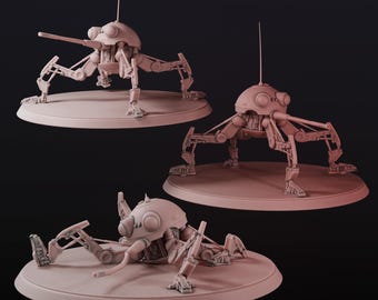 May include: Three light brown, mechanical spider-like models. Each model has a rounded head with multiple circular features, a long antenna, and articulated legs. One model has a long, thin barrel extending from its head. The models are on circular platforms.