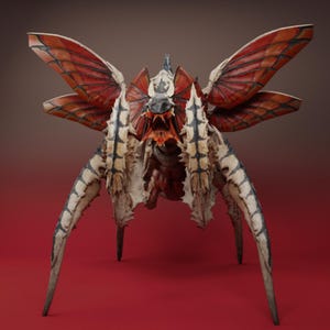 Op de afbeelding: Gedetailleerde sculptuur van een wezen met een dreigende uitstraling. Het heeft grote, roodbruine vleugels met ingewikkelde aderpatronen, een stekelig exoskelet en meerdere poten. De kop van het wezen heeft scherpe tanden en een dreigende uitdrukking, met een kleurenpalet van rood, bruin en crème.
