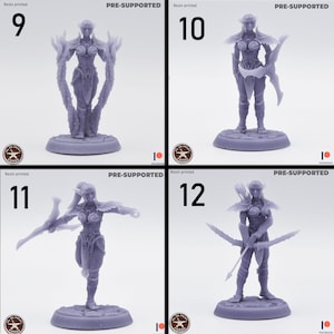 May include: Four 3D printed miniature figures of an elf warrior with a bow and arrow, a sword, and a staff. The figures are pre-supported and ready to be painted. The figures are numbered 9, 10, 11, and 12.