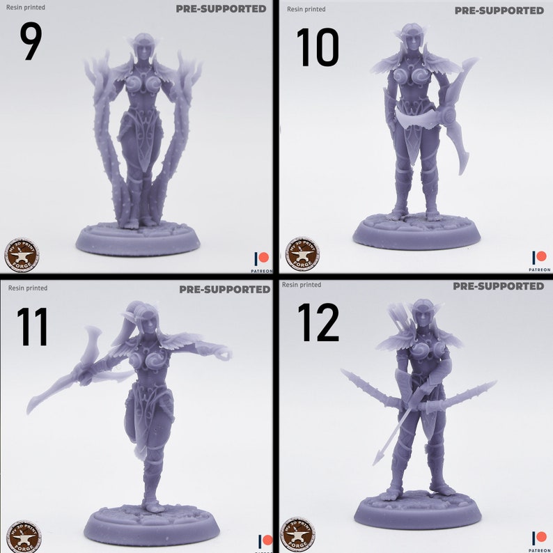 May include: Four 3D printed miniature figures of an elf warrior with a bow and arrow, a sword, and a staff. The figures are pre-supported and ready to be painted. The figures are numbered 9, 10, 11, and 12.