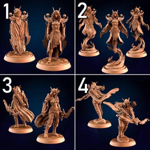 May include: Four detailed resin figurines of fantasy characters. Each figure is a different pose, with intricate armor, cloaks, and bows. The figures are on circular bases and are a uniform tan color. The background is a dark blue.