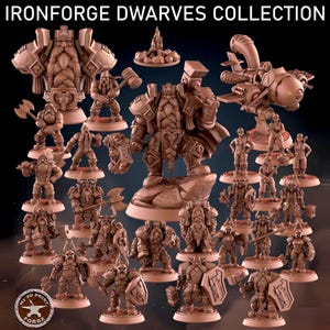 Puede incluir: Colección de figuras de enanos de color marrón, incluyendo guerreros, una gran estatua y una aeronave en miniatura. El texto "IRONFORGE DWARVES COLLECTION" está en la parte superior. Las figuras están sobre bases circulares.