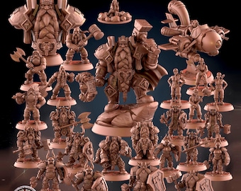 May include: A selection of brown dwarf figurines, including warriors, a large statue, and a miniature airship. The text "IRONFORGE DWARVES COLLECTION" is at the top. The figurines are on circular bases, displaying various poses and weaponry.