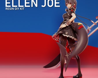 May include: A black and white resin figure of a female character with a shark tail, wearing a black and white maid outfit. The figure is standing on a red base with the text "ELLEN JOE RESIN DIY KIT".