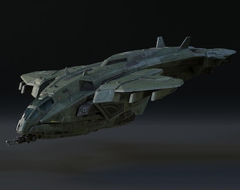May include: A detailed, olive green spacecraft with wings and multiple engines. The futuristic design features a cockpit, gun, and various panels. The vehicle appears to be floating against a dark background, showcasing its sleek, aerodynamic shape.