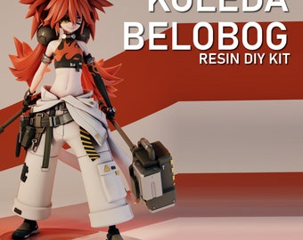 May include: A red-haired anime character with a large hammer, wearing a white jumpsuit with yellow accents and a red and black top. The character is standing on a white base. The text "KOLEDA BELOBOG RESIN DIY KIT" is in the background.