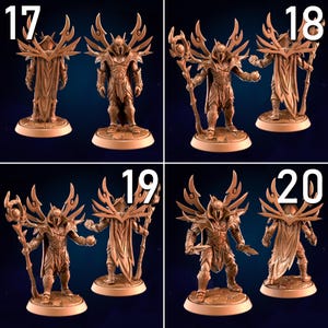 May include: A collection of detailed brown figurines of armored fantasy characters. Each figure is posed differently, some holding staffs or weapons, and all are on circular bases. Numbers 17, 18, 19, and 20 are visible above each figure.