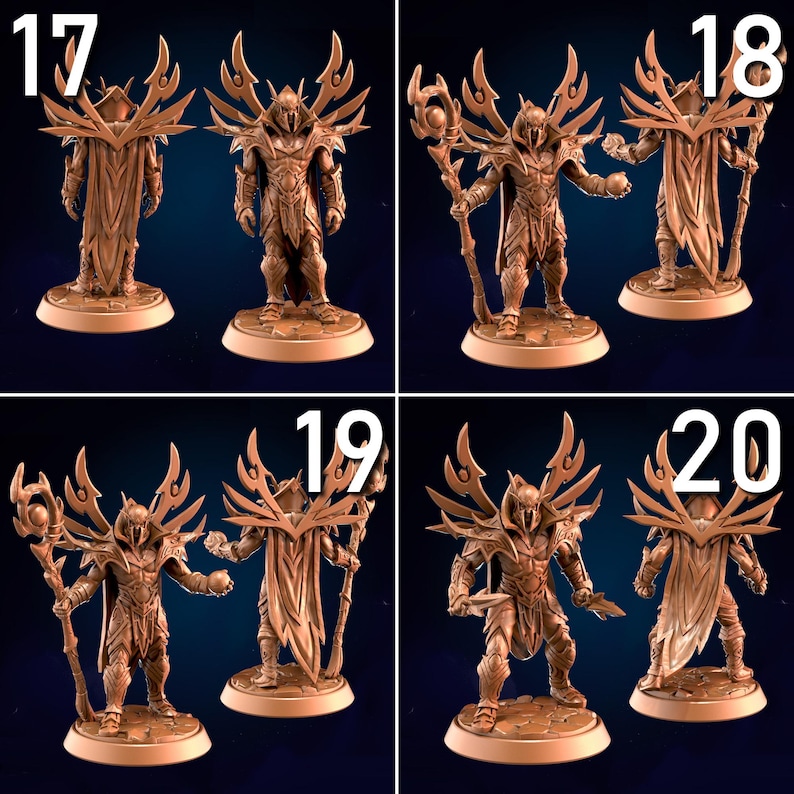 May include: A collection of detailed brown figurines of armored fantasy characters. Each figure is posed differently, some holding staffs or weapons, and all are on circular bases. Numbers 17, 18, 19, and 20 are visible above each figure.
