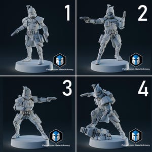 Op de afbeelding: Vier lichtgrijze actiefiguren van een soldaat in een futuristisch pak, elk in een andere pose. De figuren staan op een ronde basis. De tekst "Patreon.com/GalacticArmory" is zichtbaar op elke basis.