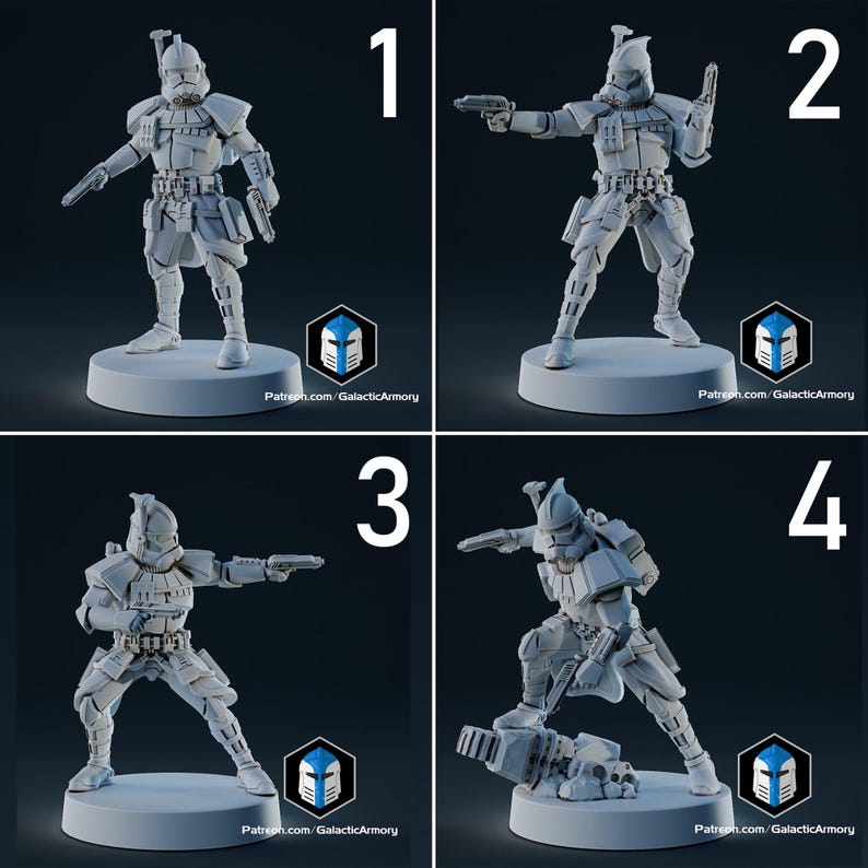 Op de afbeelding: Vier lichtgrijze actiefiguren van een soldaat in een futuristisch pak, elk in een andere pose. De figuren staan op een ronde basis. De tekst "Patreon.com/GalacticArmory" is zichtbaar op elke basis.
