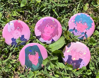 my hero academia / mha holo sparkle button badge / pin - bakugo/deku/todoroki/uraraka/tsuya