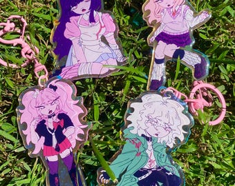 danganronpa holo flash + sparkle pin charm / acrylic keychain - sdr2, drv3, thh - nagito/junko/kaede/mikan