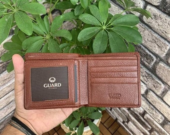 Cartera triple de piel auténtica, marrón y canela, con ranuras para tarjetas