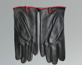 Herren Stylische weiche schwarze Echtleder Handschuhe mit rotem Innenfutter - Handschuhe für Winter und kaltes Wetter - Sofort lieferbar