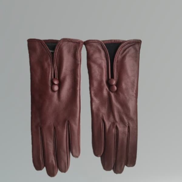 Gants en cuir véritable Burgundy Soft pour femmes (livraison gratuite au Royaume-Uni) - Gants d’hiver - Taille: S et L - En stock prêt à être expédié le jour même / le lendemain