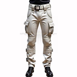 Pantalones cargo de cuero blanco — Pantalones tácticos para cosplay de hombre — Pantalones de moto acolchados con correas — Pantalones de moda para festivales