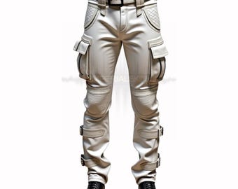 White Leather Cargo Pants — Men’s Tactical Cosplay Trousers — Quilted Moto Pants with Straps — Festival Fashion Bottoms