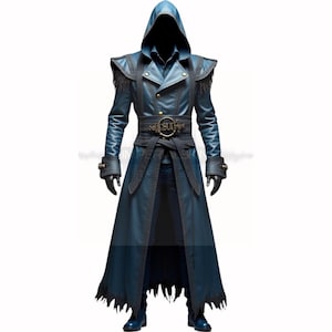 Men’s Blue Genuine Leather Hooded Fantasy Coat with Tattered Hem – Long High‑Collar Coat with Fringe Shoulders – Medieval Cosplay Jacket
