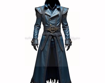 Wizard Robe Blue Hooded Leather Coat with Black Fringe - Handcrafted Leather Trench Coat - Cosplay Leather Coat with Ornate Belt