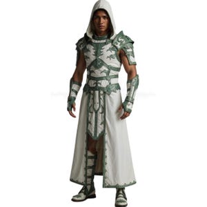 May include: A white and green fantasy costume featuring a hooded cloak, shoulder armor, and arm guards. The costume has intricate green detailing and is worn with matching boots. The overall design suggests a medieval or fantasy theme.