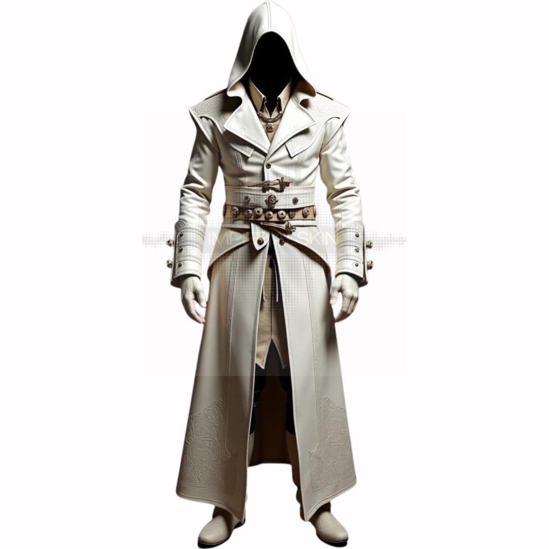 Men’s White Genuine Leather Hooded Coat – Embroidered Fantasy Warrior ...