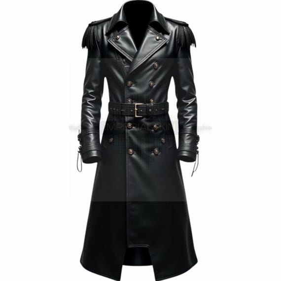 Casaco de couro preto gótico de luxo com franjas Trench coat