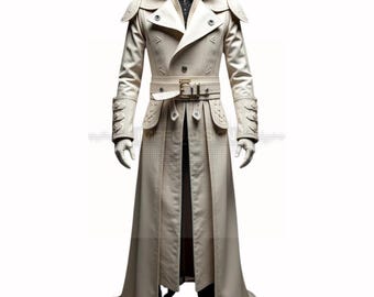 Classic Handcrafted White Coat with Intricate Stitching- Luxury Timeless Leather Trench Coat- Fashionable Long White Coat- Unique Chic Style