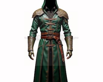 Fantasy Dark Assassin Hooded Leather Trench Coat- Men’s Gothic Warrior Long Leather Coat- Steampunk Cosplay Hooded Trench Coat- RPG Coat