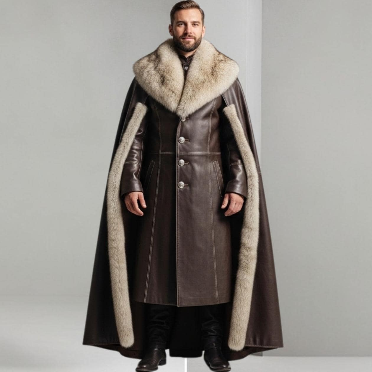 Brown Leather Fur‑collar Coat With Cape — Regal Medieval Noble
