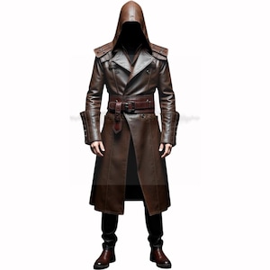 Trench-coat gothique en cuir marron unique – Veste en cuir steampunk avec capuche – Manteau long en cuir fait main – Pardessus en cuir cosplay – Manteau de style