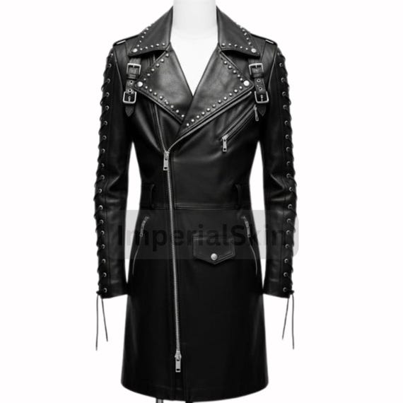Alt Fashion Black Leather Punk Jacket With Studs- Gothic Long Coat