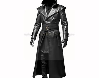 Men’s Black Genuine Leather Hooded Trench Coat – Long Double‑Breasted Warrior Coat – Dystopian Cosplay Outfit