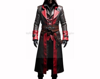 May include: A long, hooded coat in black and red leather. The coat features red accents on the lapels, cuffs, and down the front. A brown belt with a decorative buckle cinches the waist. The coat is part of a costume.