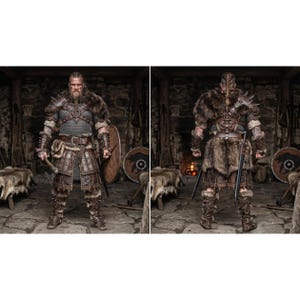 May include: A detailed depiction of a Viking warrior in full battle attire. The costume includes a fur-lined shoulder piece, studded leather armor, and a chainmail shirt. The warrior is holding an axe and a shield, with a sword at his side.